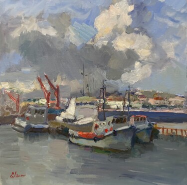 Painting titled "The Port of Neva Ri…" by Tomileka, Original Artwork, Oil
