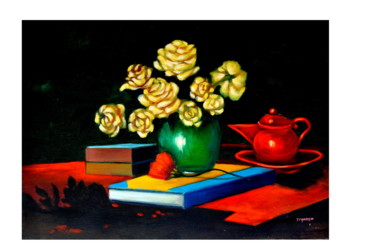 Pittura intitolato "Vaso con rose" da Tommaso Traversa, Opera d'arte originale