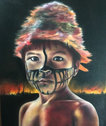 Schilderij getiteld "Amazon on fire" door Everton Tolentino, Origineel Kunstwerk, Olie
