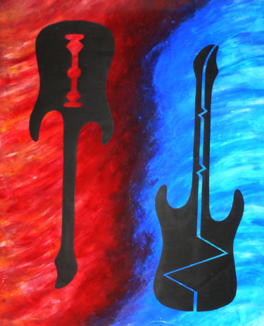 Schilderij getiteld "Dos guitarras" door Tom Vincenec, Origineel Kunstwerk, Tempera