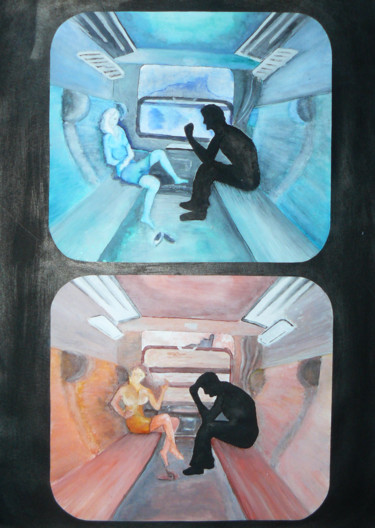 Коллажи под названием "On the train" - Tom Vincenec, Подлинное произведение искусства, Темпера