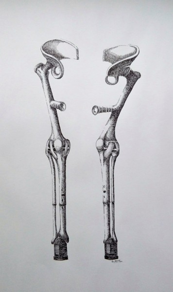 Drawing titled "legcrutches.jpg" by Ton Brouwer, Original Artwork, Ink