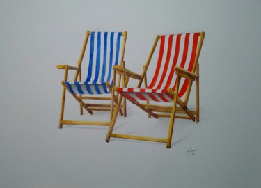 Schilderij getiteld "strandstoelen" door Ton Brouwer, Origineel Kunstwerk, Aquarel