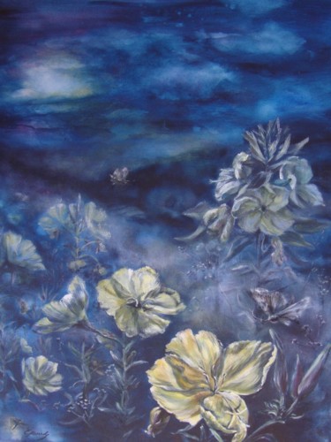 Malerei mit dem Titel "Oenotheras Nachtgef…" von Elke Hensel, Original-Kunstwerk, Acryl
