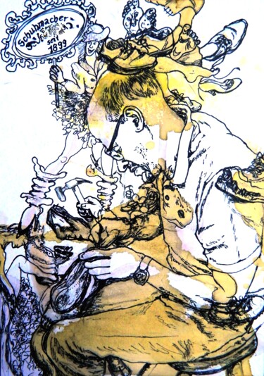 Zeichnungen mit dem Titel "Der Schuhmacher" von Elke Hensel, Original-Kunstwerk, Tinte