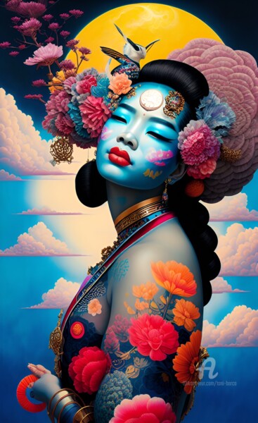 Digital Arts titled "Blue Geisha" by Toni Barca, Original Artwork, AI generated image
