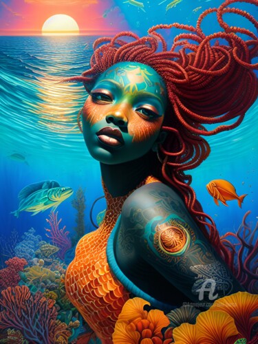 Digitale Kunst mit dem Titel "Black mermaid" von Toni Barca, Original-Kunstwerk, KI-generiertes Bild