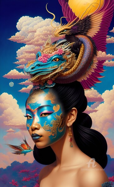 Arts numériques intitulée "Blue Dragon girl" par Toni Barca, Œuvre d'art originale, Image générée par l'IA