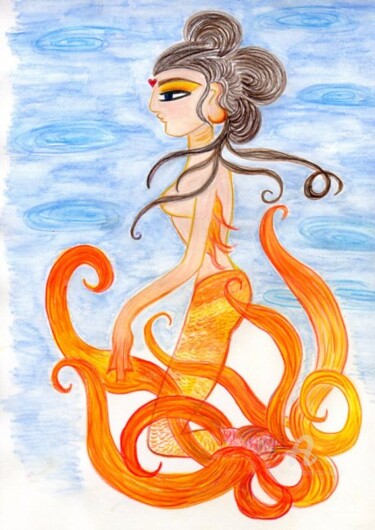 Disegno intitolato "the mermaid is koi" da Toni Barca, Opera d'arte originale, Altro