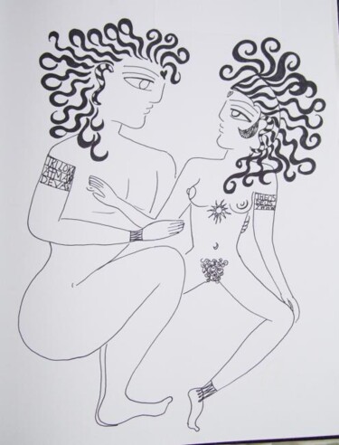 Dessin intitulée "Deva and Devi" par Toni Barca, Œuvre d'art originale