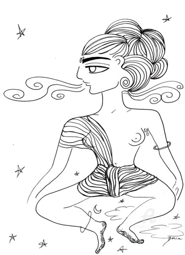 Zeichnungen mit dem Titel "BUDDHA GIRL FLOATS…" von Toni Barca, Original-Kunstwerk