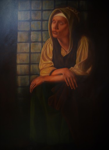 Painting titled "Griet" by Antonio Brusadelli, Original Artwork, Oil Mounted on Wood Stretcher frame