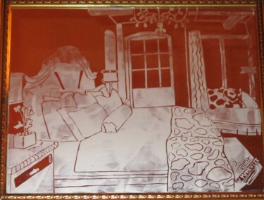 Drawing titled "Retreat" by Tonjua Lyles, Original Artwork, Stencil Mounted on Glass