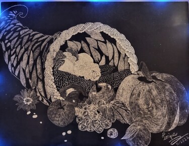Рисунок под названием "Cornucopia Horn of…" - Tonjua Lyles, Подлинное произведение искусства, Scratchboard