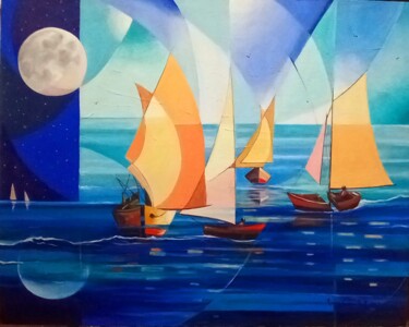 Peinture intitulée ""Errantes" Barcos y…" par Tony Espaillat, Œuvre d'art originale, Acrylique Monté sur Châssis en bois