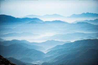 Картина под названием "Misty Mountains Sun…" - Tony Rubino, Подлинное произведение искусства, Акрил Установлен на Деревянная…
