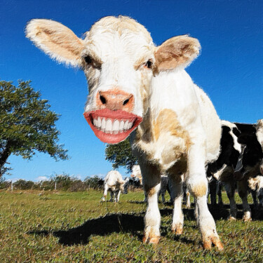 Malarstwo zatytułowany „Happy Cow Smile” autorstwa Tony Rubino, Oryginalna praca, Akryl Zamontowany na Drewniana rama noszy