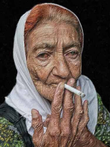 Painting titled "Old Woman Smoking W…" by Tony Rubino, Original Artwork, Acrylic Mounted on Wood Stretcher frame