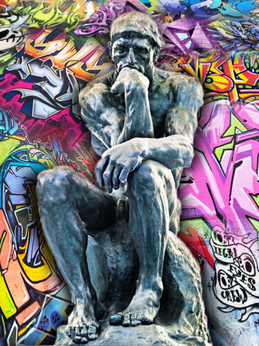 Peinture intitulée "Rodin Thinker Grafi…" par Tony Rubino, Œuvre d'art originale, Acrylique Monté sur Châssis en bois