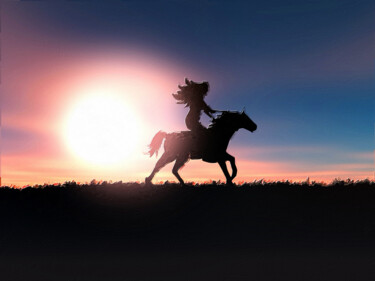 Ζωγραφική με τίτλο "Horse Rider Sunset…" από Tony Rubino, Αυθεντικά έργα τέχνης, Ακρυλικό Τοποθετήθηκε στο Ξύλινο φορείο σκε…