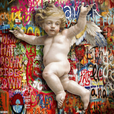 Painting titled "Cupid Cherub Graffi…" by Tony Rubino, Original Artwork, Acrylic Mounted on Wood Stretcher frame
