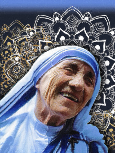 Painting titled "Mother Teresa Smile" by Tony Rubino, Original Artwork, Acrylic Mounted on Wood Stretcher frame