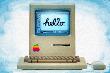 Ζωγραφική με τίτλο "Hello Apple" από Tony Rubino, Αυθεντικά έργα τέχνης, Ακρυλικό Τοποθετήθηκε στο Ξύλινο φορείο σκελετό