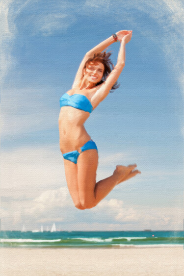 Painting titled "Happy Beach Girl" by Tony Rubino, Original Artwork, Acrylic Mounted on Wood Stretcher frame