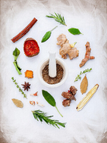 Картина под названием "Spices Chef Kitchen…" - Tony Rubino, Подлинное произведение искусства, Акрил Установлен на Деревянная…