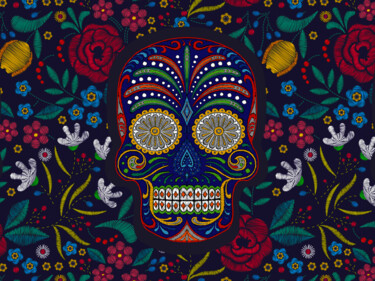 Malarstwo zatytułowany „Rubino Floral Skull” autorstwa Tony Rubino, Oryginalna praca, Akryl Zamontowany na Drewniana rama no…