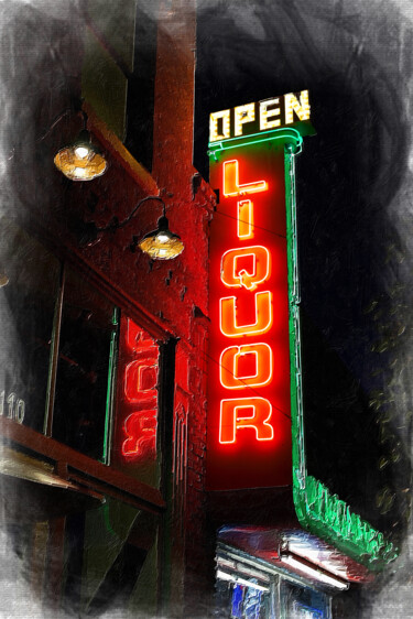 Ζωγραφική με τίτλο "Open Liquor Store N…" από Tony Rubino, Αυθεντικά έργα τέχνης, Ακρυλικό Τοποθετήθηκε στο Ξύλινο φορείο σκ…