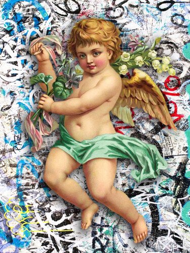 Pintura titulada "Cupid Cherub Graffi…" por Tony Rubino, Obra de arte original, Acrílico Montado en Bastidor de camilla de m…