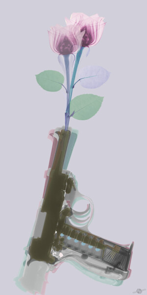 绘画 标题为“Hand Gun and Flower…” 由Tony Rubino, 原创艺术品, 丙烯 安装在木质担架架上
