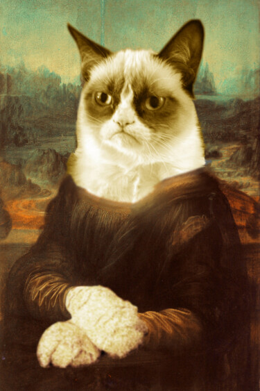 绘画 标题为“Grumpy Cat Mona Lisa” 由Tony Rubino, 原创艺术品, 丙烯 安装在木质担架架上