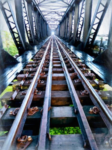 Malerei mit dem Titel "Train Tracks Bridge" von Tony Rubino, Original-Kunstwerk, Acryl Auf Keilrahmen aus Holz montiert