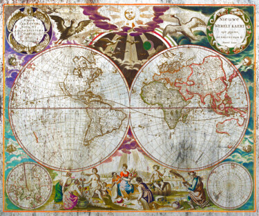 Ζωγραφική με τίτλο "Vintage World Map w…" από Tony Rubino, Αυθεντικά έργα τέχνης, Ακρυλικό Τοποθετήθηκε στο Ξύλινο φορείο σκ…