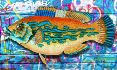 Painting titled "Graffiti Fish Fishi…" by Tony Rubino, Original Artwork, Acrylic Mounted on Wood Stretcher frame