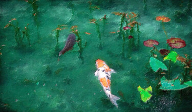 Pintura intitulada "Coi Pond Teal Fish…" por Tony Rubino, Obras de arte originais, Acrílico Montado em Armação em madeira