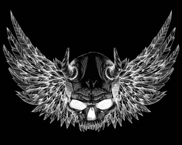 Ζωγραφική με τίτλο "Horned Skull Wings" από Tony Rubino, Αυθεντικά έργα τέχνης, Ακρυλικό Τοποθετήθηκε στο Ξύλινο φορείο σκελ…