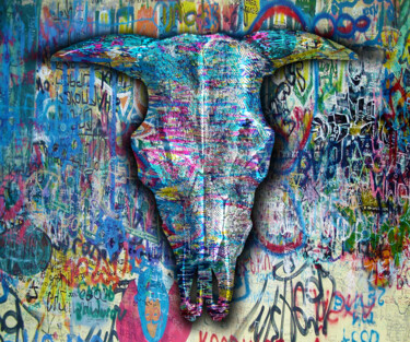 Pittura intitolato "Skull Horns Graffit…" da Tony Rubino, Opera d'arte originale, Acrilico Montato su Telaio per barella in…