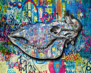 Картина под названием "Cow Skull Graffiti" - Tony Rubino, Подлинное произведение искусства, Акрил Установлен на Деревянная р…