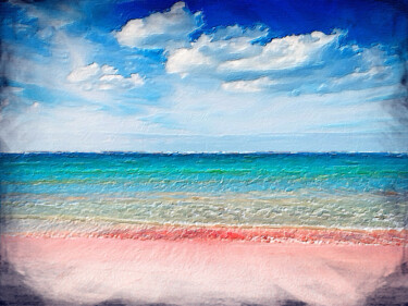 Schilderij getiteld "Pink Sand Beach Sun…" door Tony Rubino, Origineel Kunstwerk, Acryl Gemonteerd op Frame voor houten bran…