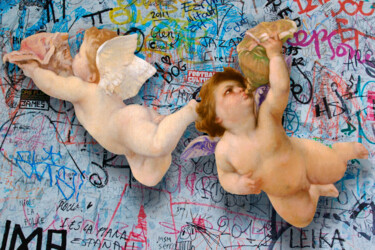 Pintura intitulada "Cupid Cherub Graffi…" por Tony Rubino, Obras de arte originais, Acrílico Montado em Armação em madeira