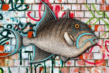 Painting titled "Graffiti Fish Fishi…" by Tony Rubino, Original Artwork, Acrylic Mounted on Wood Stretcher frame