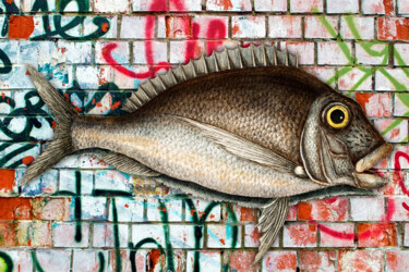 Painting titled "Graffiti Fish Fishi…" by Tony Rubino, Original Artwork, Acrylic Mounted on Wood Stretcher frame