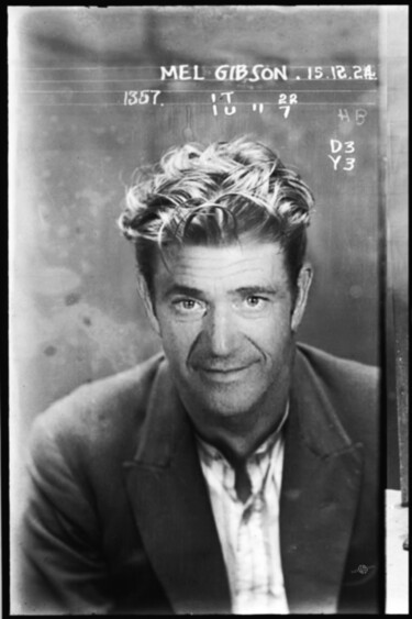 Schilderij getiteld "Mel Gibson Mug Shot…" door Tony Rubino, Origineel Kunstwerk, Acryl Gemonteerd op Frame voor houten bran…