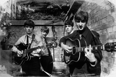 Painting titled "The Beatles In Lond…" by Tony Rubino, Original Artwork, Acrylic Mounted on Wood Stretcher frame