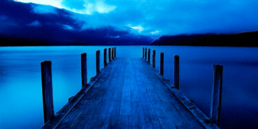 Blue Dock Sunset Sunrise Water Sky Landscape 4 Painting titled "Blue Dock Sunset Su…" by Tony Rubino, Original Artwork, Acrylic Mounted on Wood Stretcher frame
