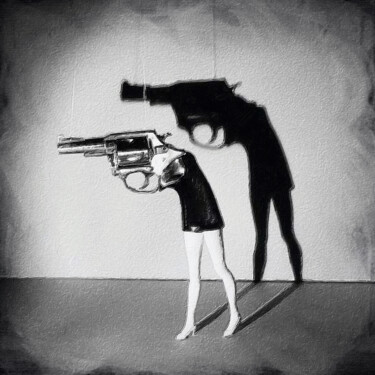 Ζωγραφική με τίτλο "Woman Gun On Stage" από Tony Rubino, Αυθεντικά έργα τέχνης, Ακρυλικό Τοποθετήθηκε στο Ξύλινο φορείο σκελ…