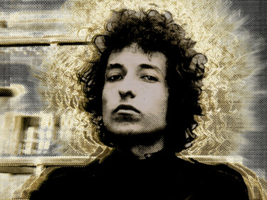 Collages getiteld "Bob Dylan 2" door Tony Rubino, Origineel Kunstwerk, Acryl Gemonteerd op Frame voor houten brancard